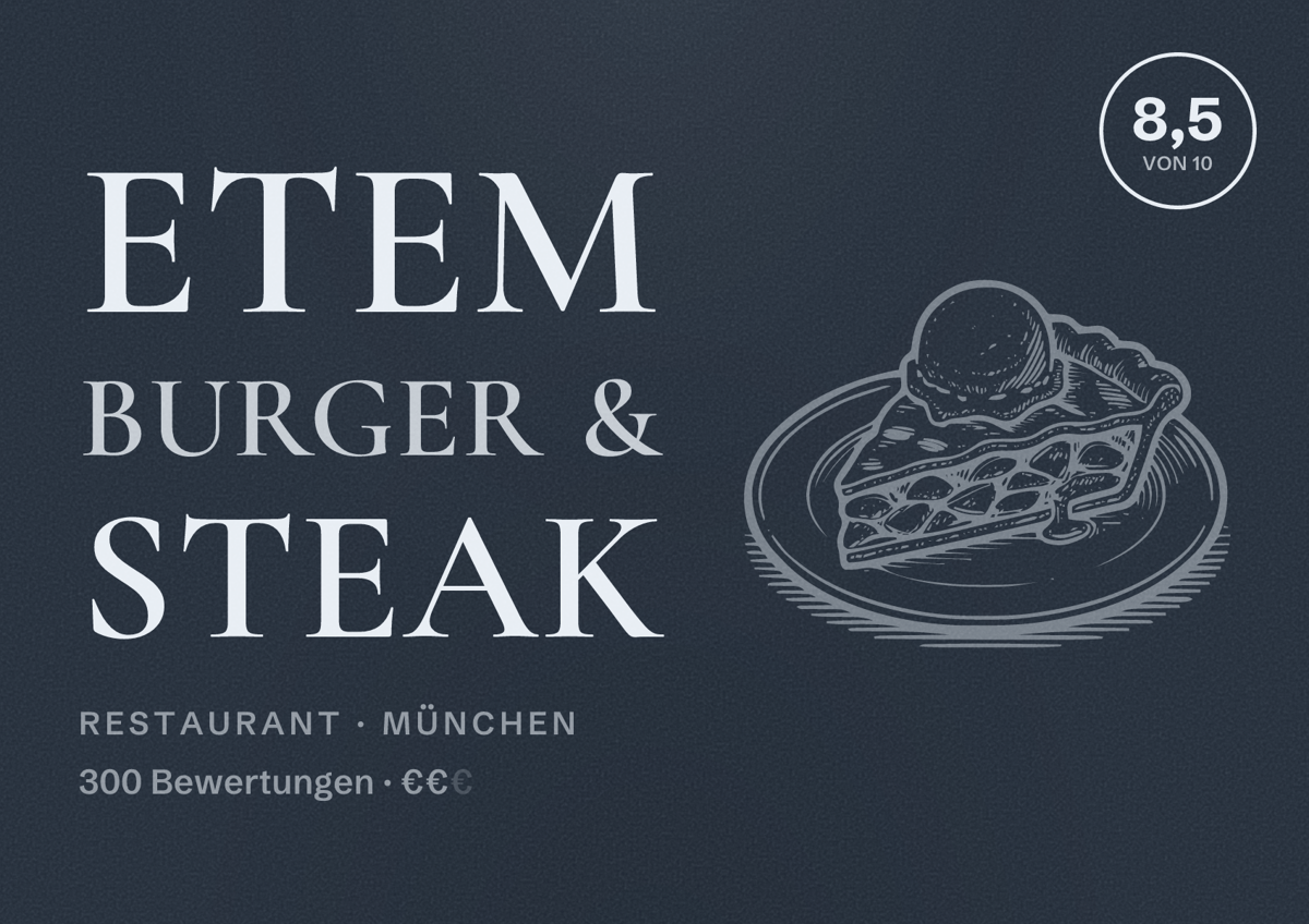 Illustriertes Poster von Etem Burger & Steak, Restaurant in München: Bewertung 8,5 von 10 aus 300 Bewertungen, Preisniveau €€
