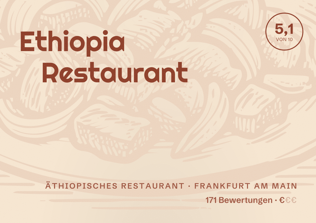 Illustriertes Poster von Ethiopia Restaurant, Äthiopisches Restaurant in Frankfurt am Main: Bewertung 5,1 von 10 aus 171 Bewertungen, Preisniveau €