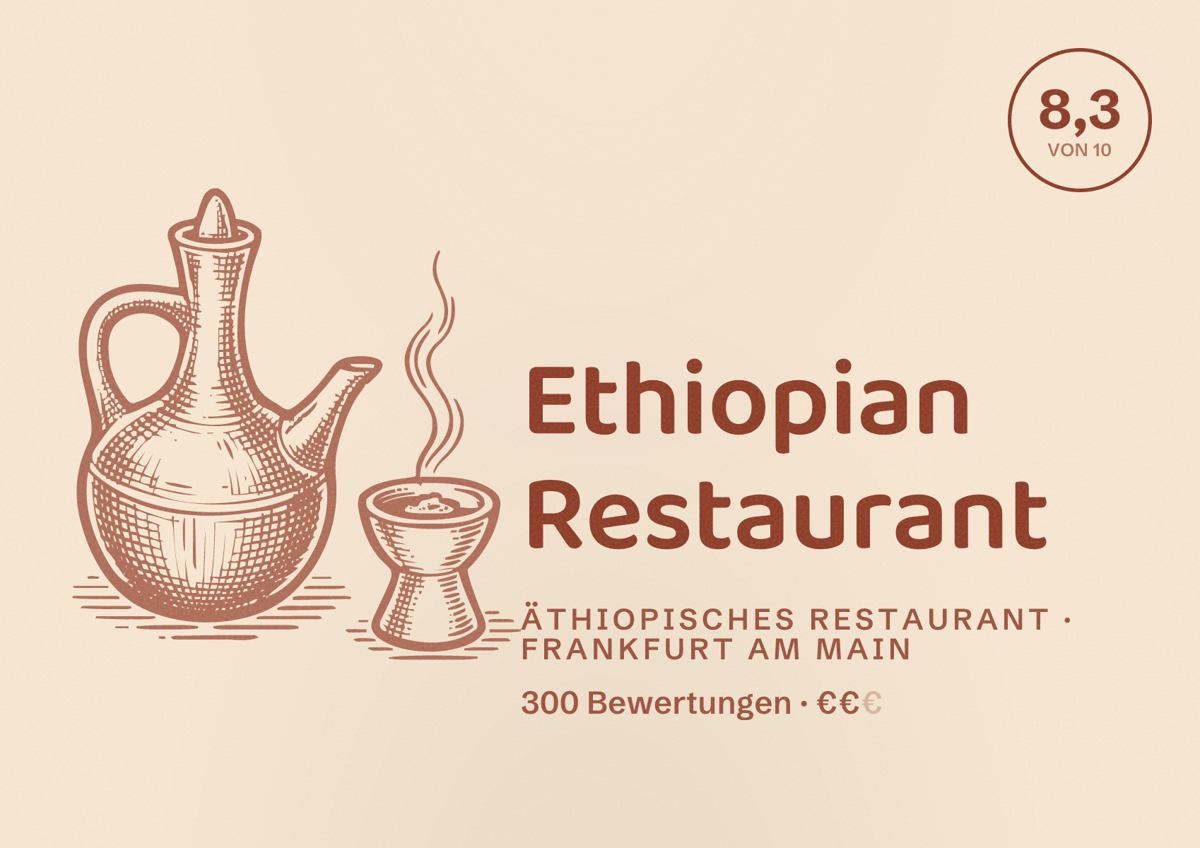 Illustriertes Poster von Ethiopian Restaurant, Äthiopisches Restaurant in Frankfurt am Main: Bewertung 8,3 von 10 aus 300 Bewertungen, Preisniveau €€