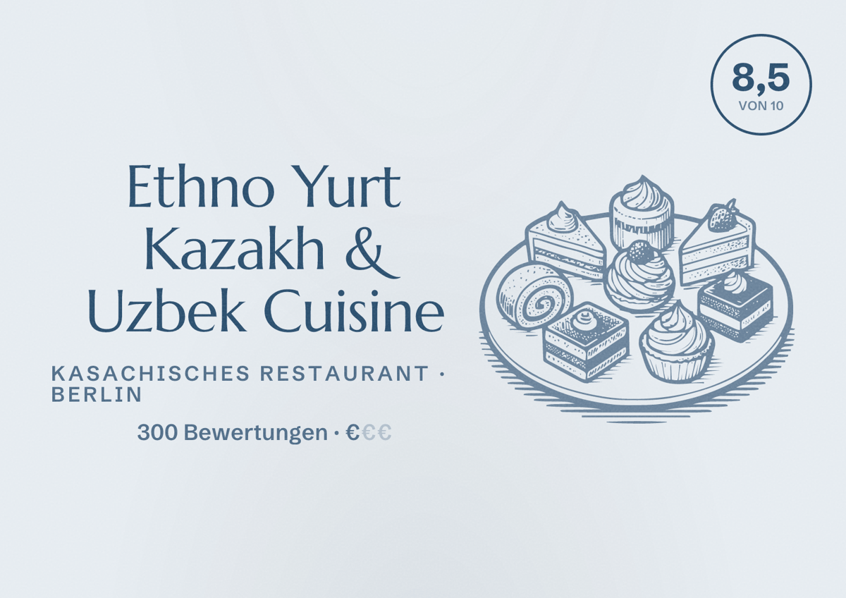 Illustriertes Poster von Ethno Yurt Kazakh & Uzbek Cuisine, Kasachisches Restaurant in Berlin: Bewertung 8,5 von 10 aus 300 Bewertungen, Preisniveau €