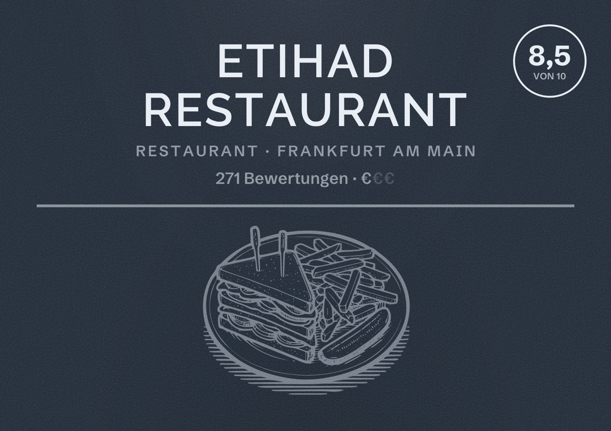 Illustriertes Poster von Etihad Restaurant, Restaurant in Frankfurt am Main: Bewertung 8,5 von 10 aus 271 Bewertungen, Preisniveau €