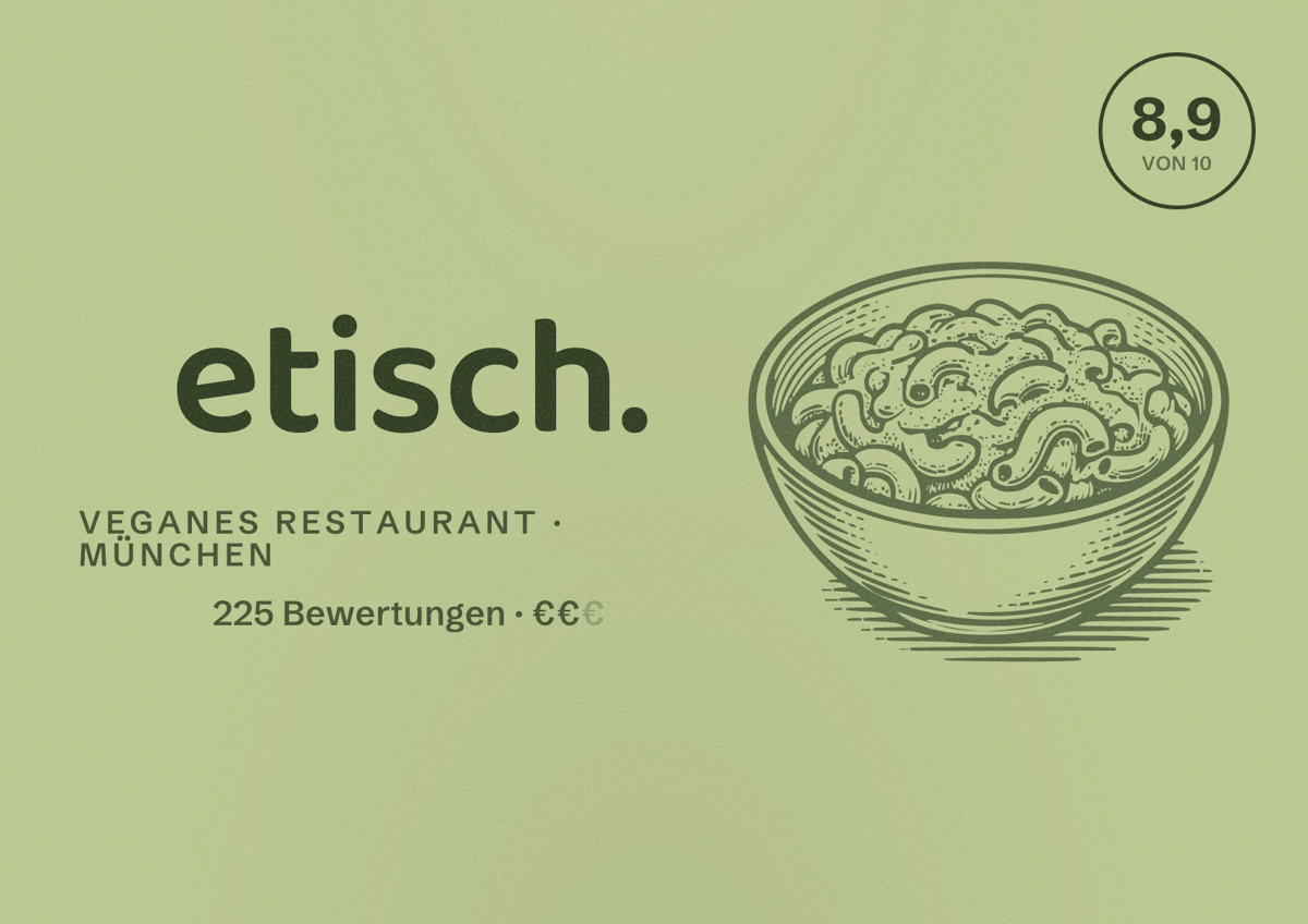 Illustriertes Poster von etisch., Veganes Restaurant in München: Bewertung 8,9 von 10 aus 225 Bewertungen, Preisniveau €€