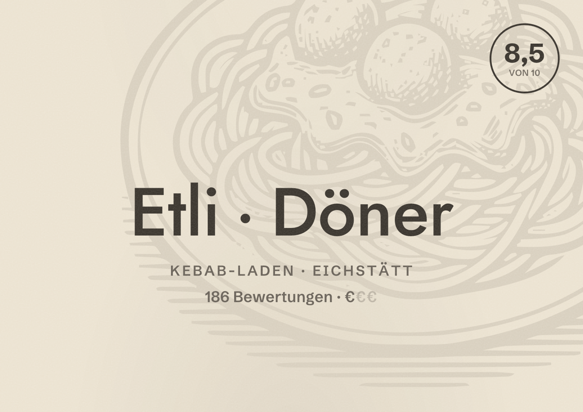 Illustriertes Poster von Etli Döner, Kebab-Laden in Eichstätt: Bewertung 8,5 von 10 aus 186 Bewertungen, Preisniveau €