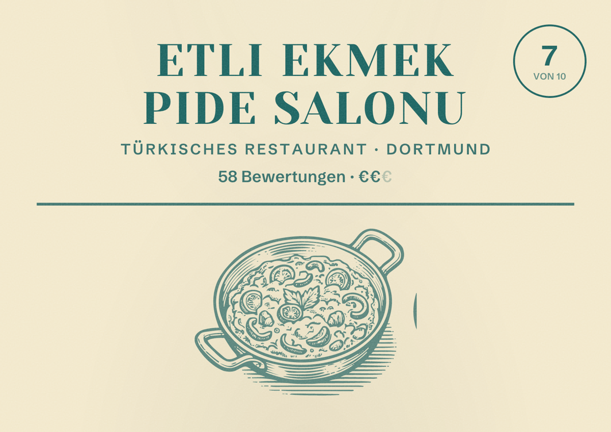 Illustriertes Poster von Etli Ekmek Pide Salonu, Türkisches Restaurant in Dortmund: Bewertung 7 von 10 aus 58 Bewertungen, Preisniveau €€