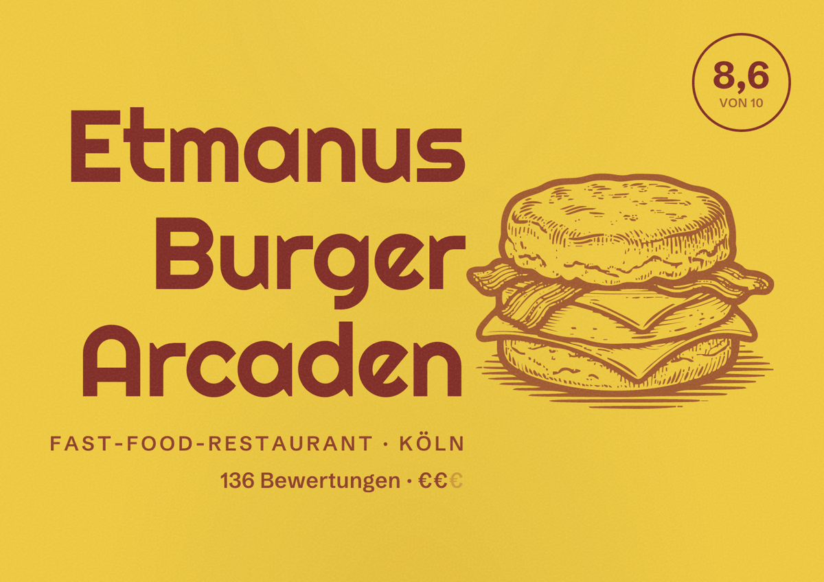 Illustriertes Poster von Etmanus Burger Arcaden, Fast-Food-Restaurant in Köln: Bewertung 8,6 von 10 aus 136 Bewertungen, Preisniveau €€