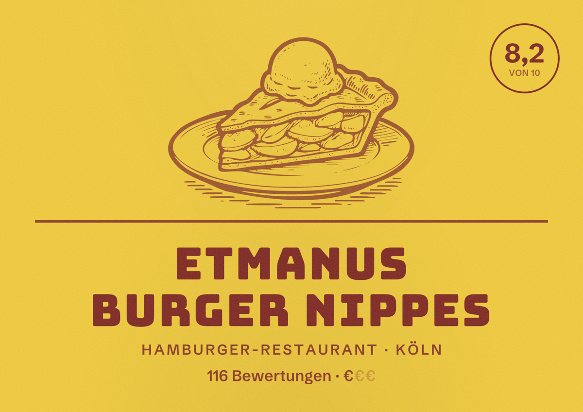 Illustriertes Poster von Etmanus Burger Nippes, Hamburger-Restaurant in Köln: Bewertung 8,2 von 10 aus 116 Bewertungen, Preisniveau €