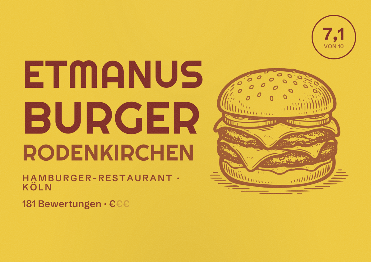 Illustriertes Poster von EtManus Burger Rodenkirchen, Hamburger-Restaurant in Köln: Bewertung 7,1 von 10 aus 181 Bewertungen, Preisniveau €
