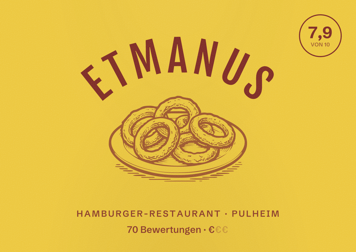 Illustriertes Poster von EtManus, Hamburger-Restaurant in Pulheim: Bewertung 7,9 von 10 aus 70 Bewertungen, Preisniveau €
