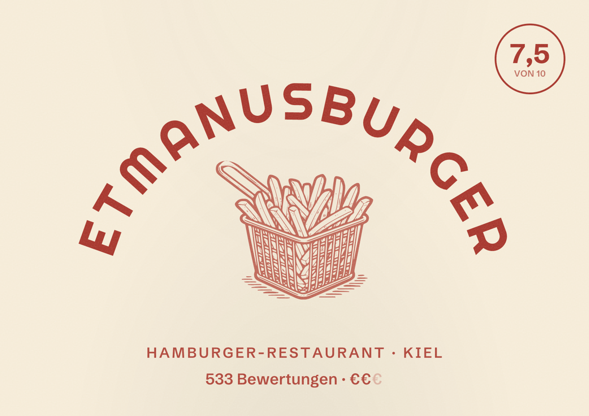 Illustriertes Poster von EtManusBurger, Hamburger-Restaurant in Kiel: Bewertung 7,5 von 10 aus 533 Bewertungen, Preisniveau €€