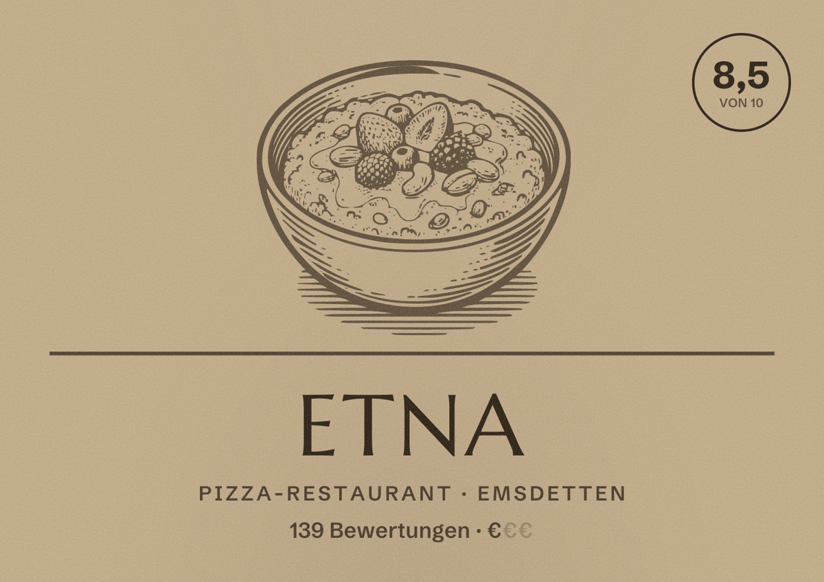 Illustriertes Poster von Etna, Pizza-Restaurant in Emsdetten: Bewertung 8,5 von 10 aus 139 Bewertungen, Preisniveau €