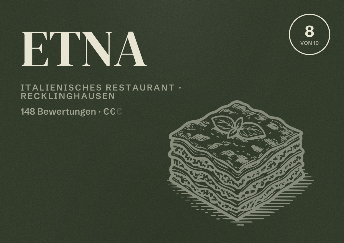 Illustriertes Poster von ETNA, Italienisches Restaurant in Recklinghausen: Bewertung 8,0 von 10 aus 148 Bewertungen, Preisniveau €€