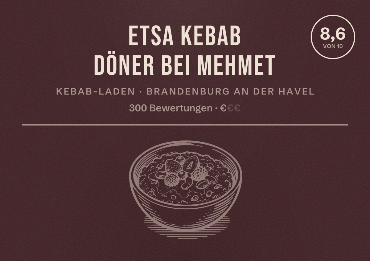 Illustriertes Poster von Etsa Kebab Döner bei Mehmet, Kebab-Laden in Brandenburg an der Havel: Bewertung 8,6 von 10 aus 300 Bewertungen, Preisniveau €