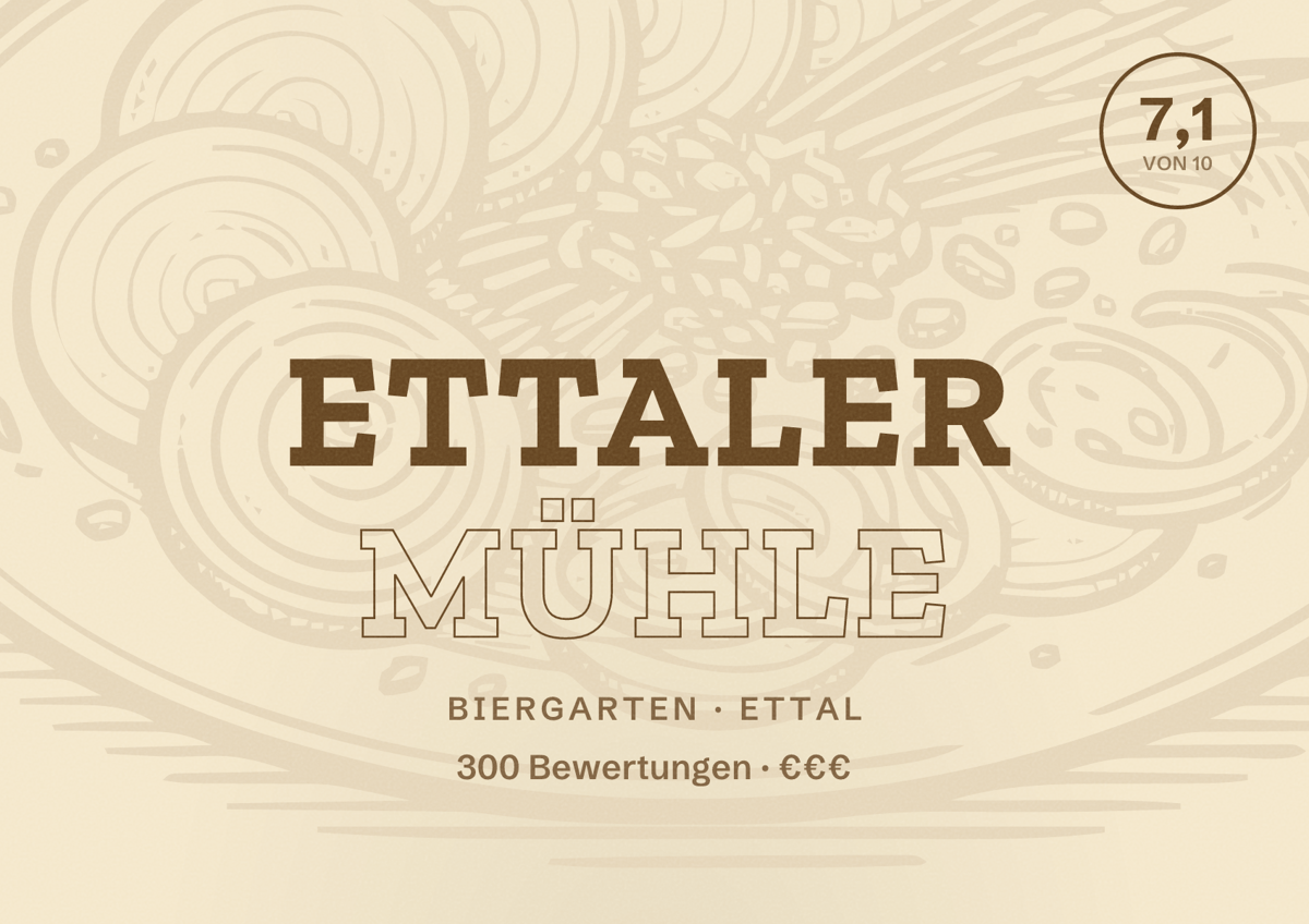 Illustriertes Poster von Ettaler Mühle, Biergarten in Ettal: Bewertung 7,1 von 10 aus 300 Bewertungen, Preisniveau €€€