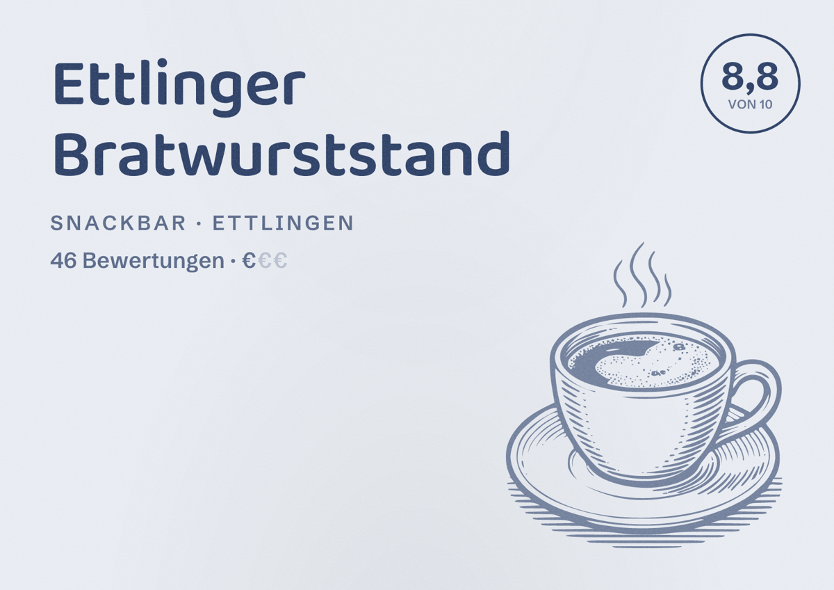 Illustriertes Poster von Ettlinger Bratwurststand, Snackbar in Ettlingen: Bewertung 8,8 von 10 aus 46 Bewertungen, Preisniveau €