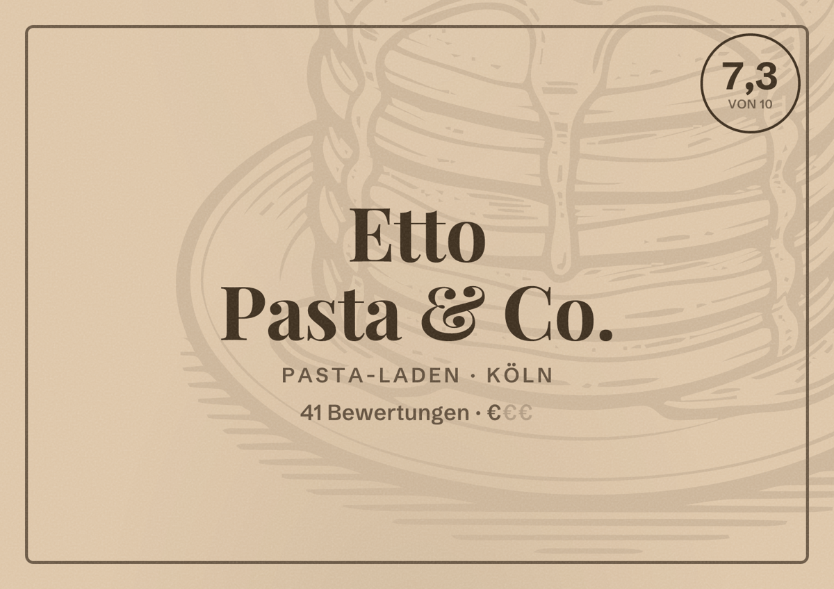 Illustriertes Poster von Etto Pasta & Co., Pasta-Laden in Köln: Bewertung 7,3 von 10 aus 41 Bewertungen, Preisniveau €