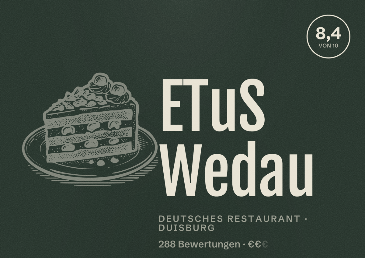 Illustriertes Poster von ETuS Wedau, Deutsches Restaurant in Duisburg: Bewertung 8,4 von 10 aus 288 Bewertungen, Preisniveau €€