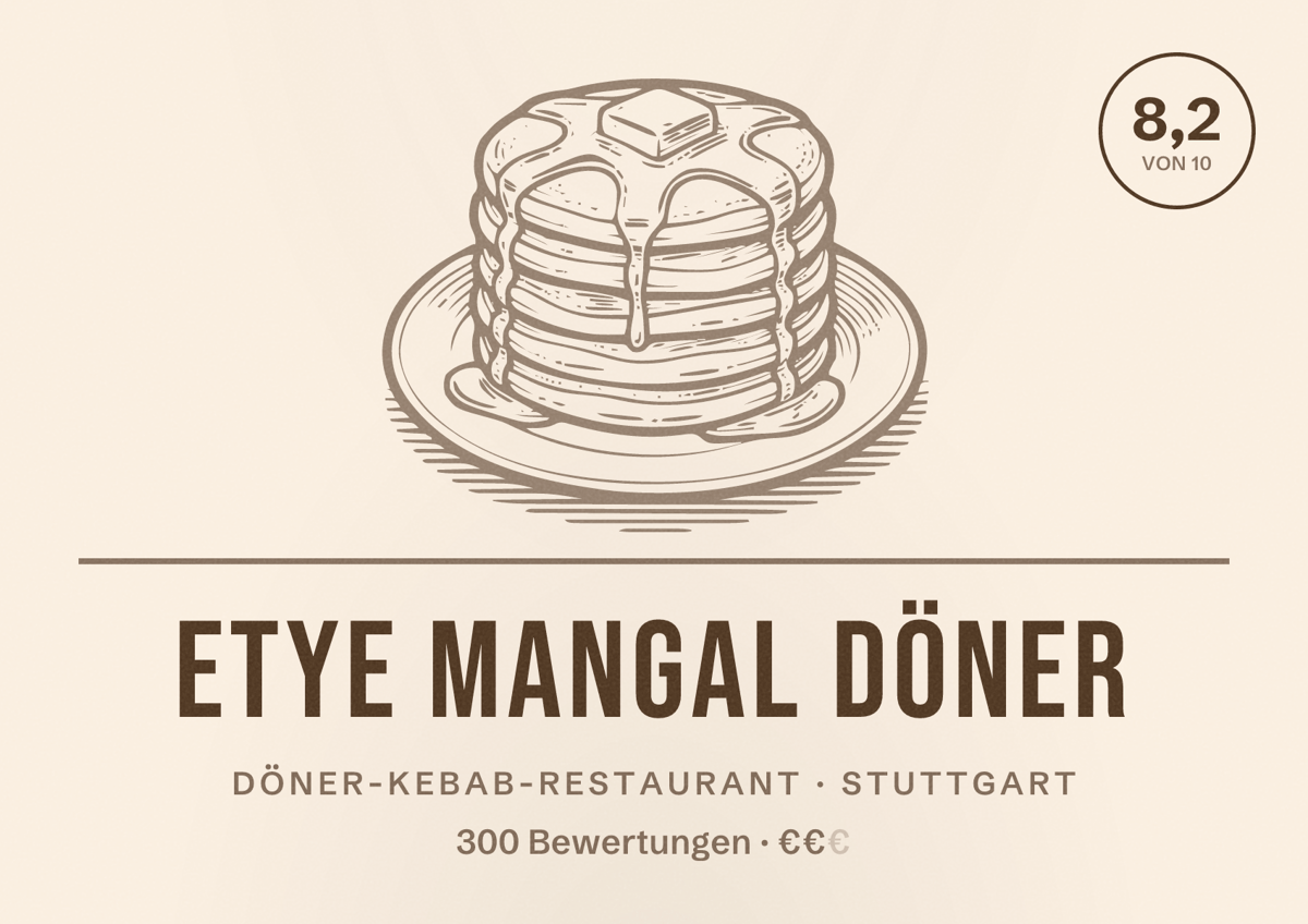 Illustriertes Poster von ETYE Mangal Döner, Döner-Kebab-Restaurant in Stuttgart: Bewertung 8,2 von 10 aus 300 Bewertungen, Preisniveau €€