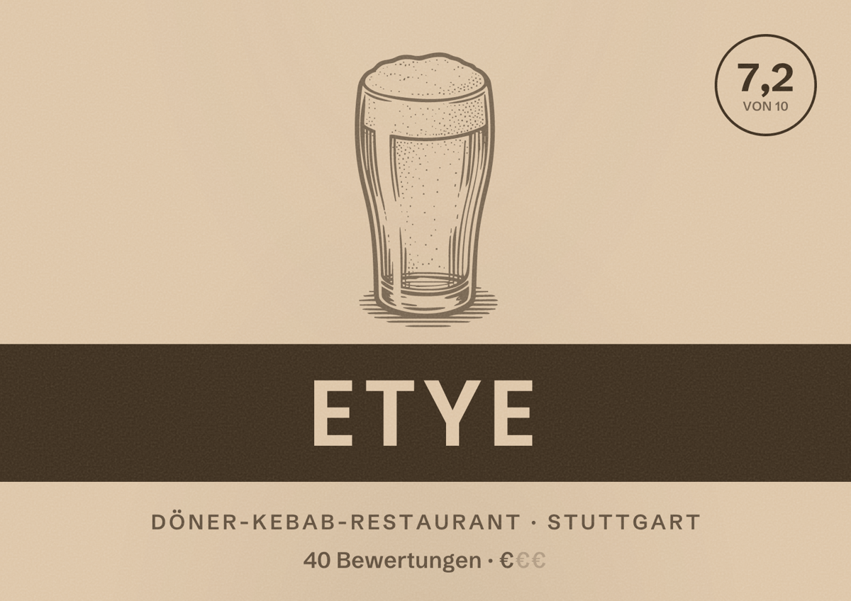 Illustriertes Poster von Etye, Döner-Kebab-Restaurant in Stuttgart: Bewertung 7,2 von 10 aus 40 Bewertungen, Preisniveau €
