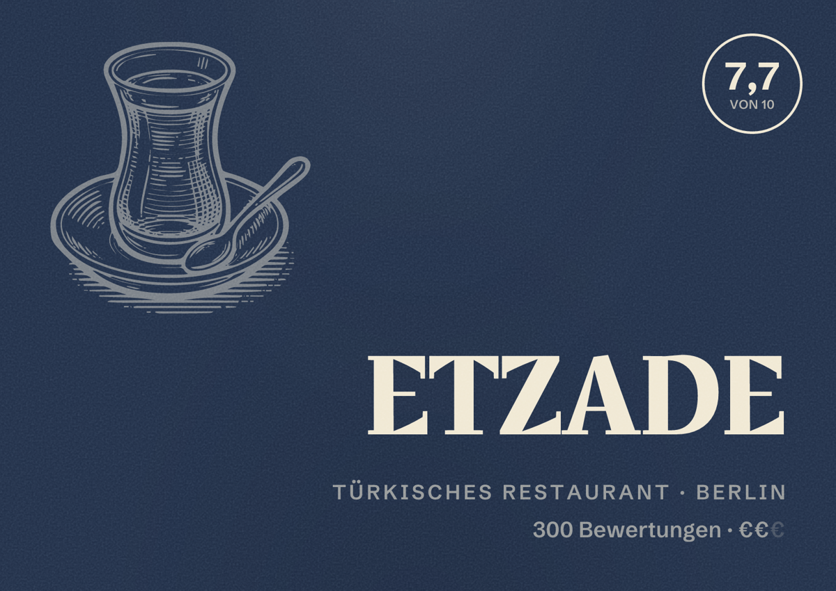 Illustriertes Poster von ETZADE, Türkisches Restaurant in Berlin: Bewertung 7,7 von 10 aus 300 Bewertungen, Preisniveau €€