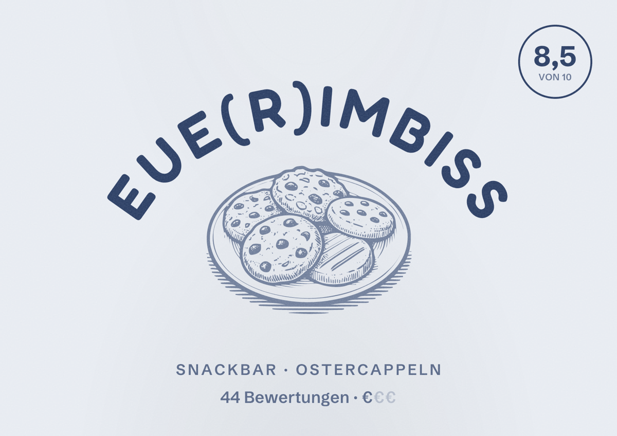 Illustriertes Poster von Eue(r)Imbiss, Snackbar in Ostercappeln: Bewertung 8,5 von 10 aus 44 Bewertungen, Preisniveau €