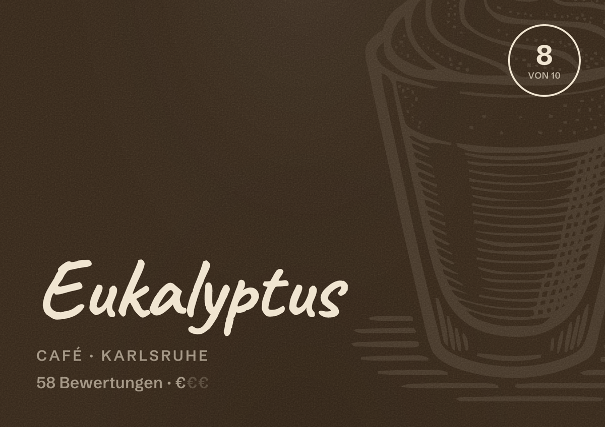 Illustriertes Poster von Eukalyptus, Café in Karlsruhe: Bewertung 8 von 10 aus 58 Bewertungen, Preisniveau €