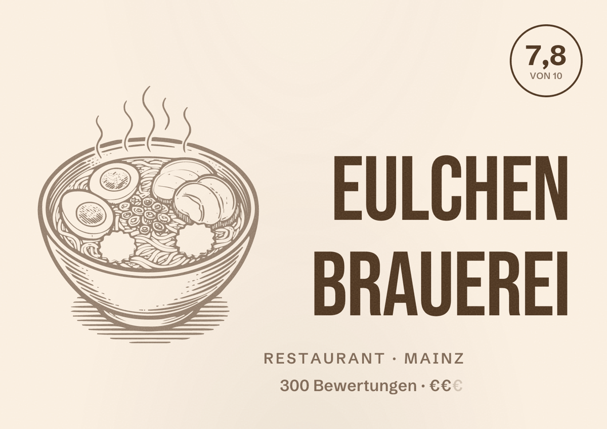 Illustriertes Poster von Eulchen Brauerei, Restaurant in Mainz: Bewertung 7,8 von 10 aus 300 Bewertungen, Preisniveau €€
