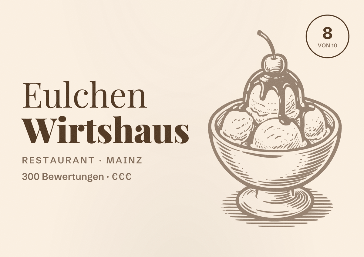 Illustriertes Poster von Eulchen Wirtshaus, Restaurant in Mainz: Bewertung 8 von 10 aus 300 Bewertungen, Preisniveau €€€