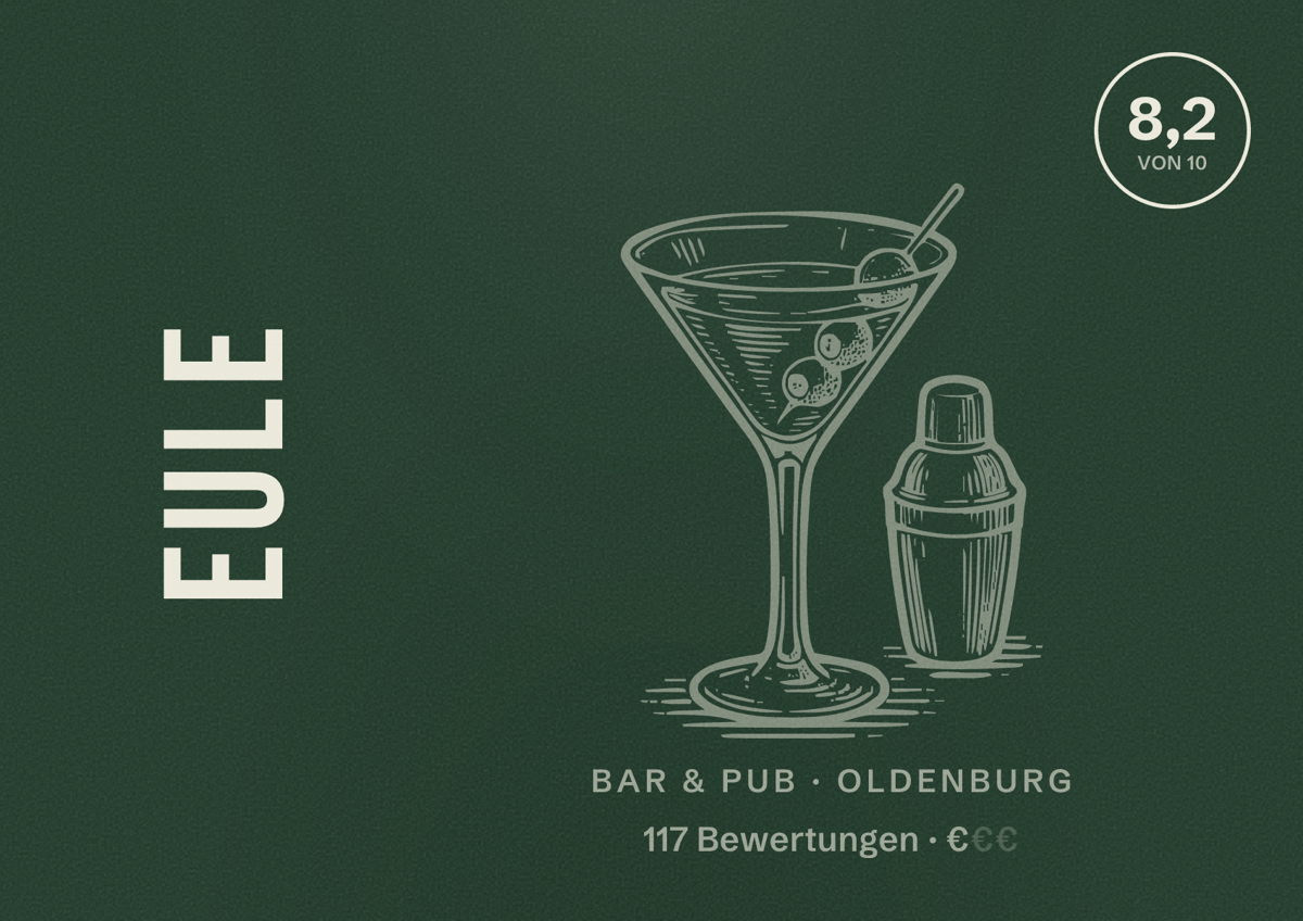 Illustriertes Poster von Eule, Bar & Pub in Oldenburg: Bewertung 8,2 von 10 aus 117 Bewertungen, Preisniveau €
