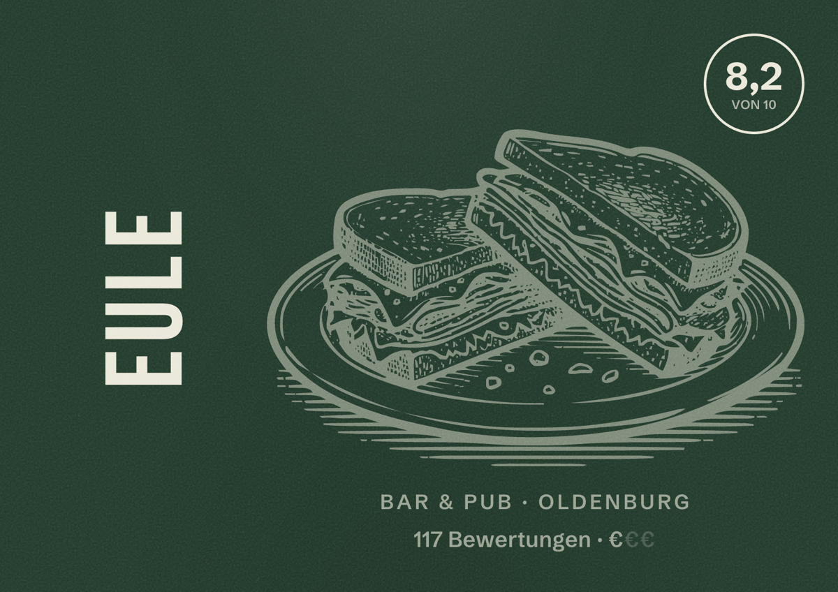 Illustriertes Poster von Eule, Bar & Pub in Oldenburg: Bewertung 8,2 von 10 aus 117 Bewertungen, Preisniveau €