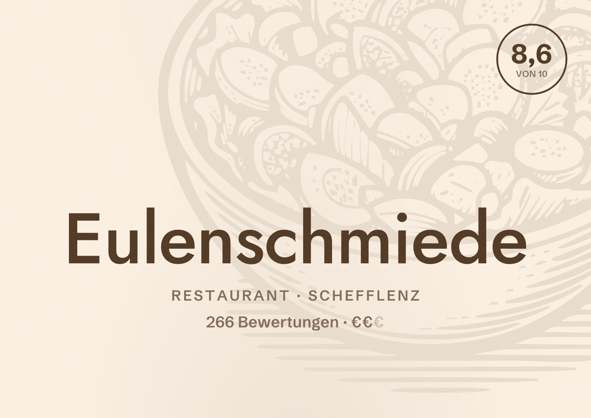 Illustriertes Poster von Eulenschmiede, Restaurant in Schefflenz: Bewertung 8,6 von 10 aus 266 Bewertungen, Preisniveau €€