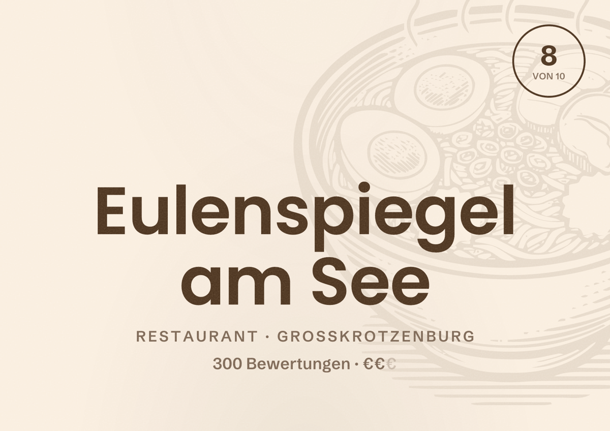 Illustriertes Poster von Eulenspiegel am See, Restaurant in Großkrotzenburg: Bewertung 8 von 10 aus 300 Bewertungen, Preisniveau €€