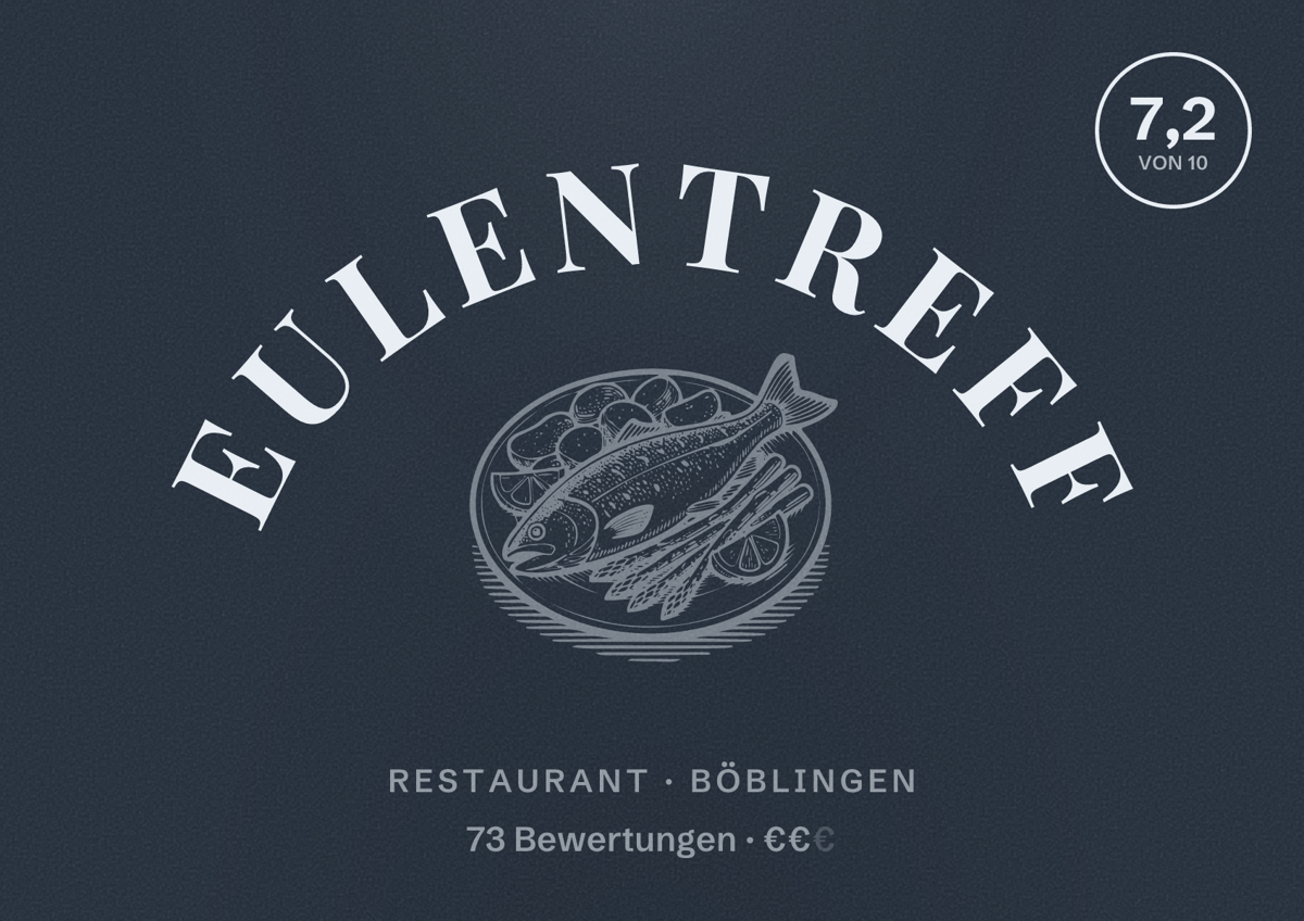Illustriertes Poster von Eulentreff, Restaurant in Böblingen: Bewertung 7,2 von 10 aus 73 Bewertungen, Preisniveau €€