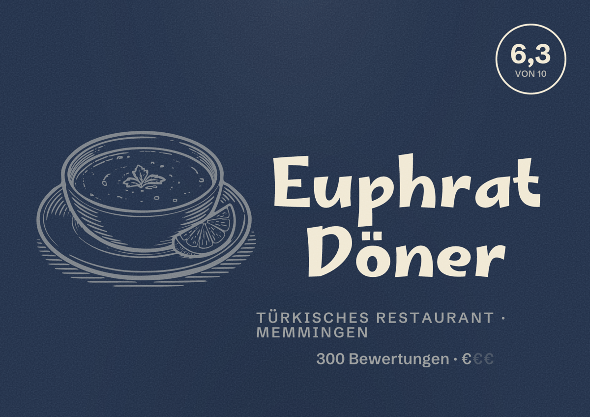 Illustriertes Poster von Euphrat Döner, Türkisches Restaurant in Memmingen: Bewertung 6,3 von 10 aus 300 Bewertungen, Preisniveau €