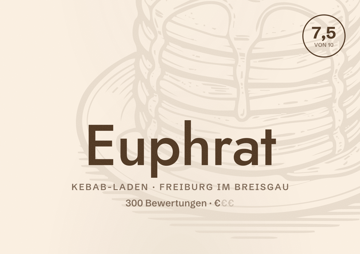 Illustriertes Poster von Euphrat, Kebab-Laden in Freiburg im Breisgau: Bewertung 7,5 von 10 aus 300 Bewertungen, Preisniveau €
