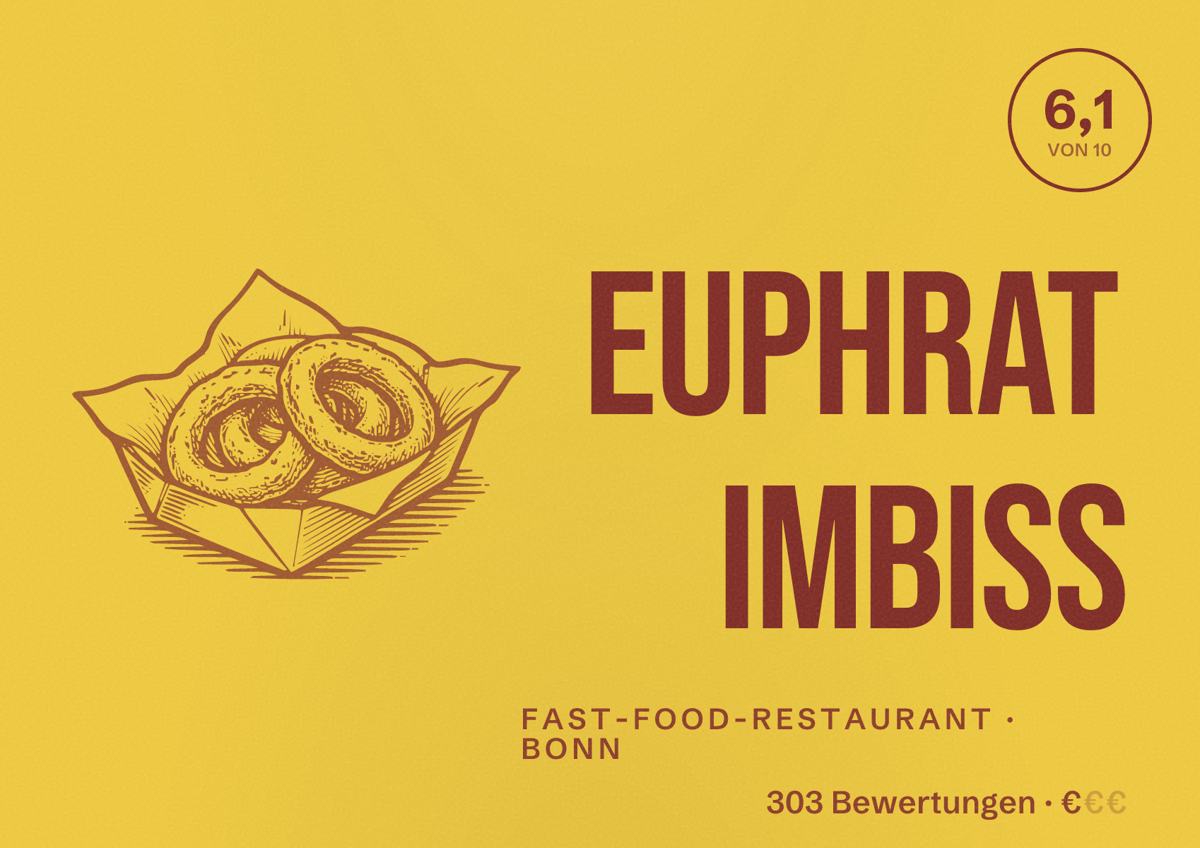 Illustriertes Poster von EUPHRAT Imbiss, Fast-Food-Restaurant in Bonn: Bewertung 6,1 von 10 aus 303 Bewertungen, Preisniveau €