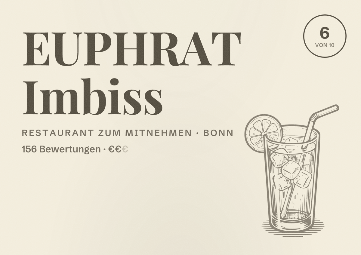 Illustriertes Poster von EUPHRAT Imbiss, Restaurant zum Mitnehmen in Bonn: Bewertung 6 von 10 aus 156 Bewertungen, Preisniveau €€