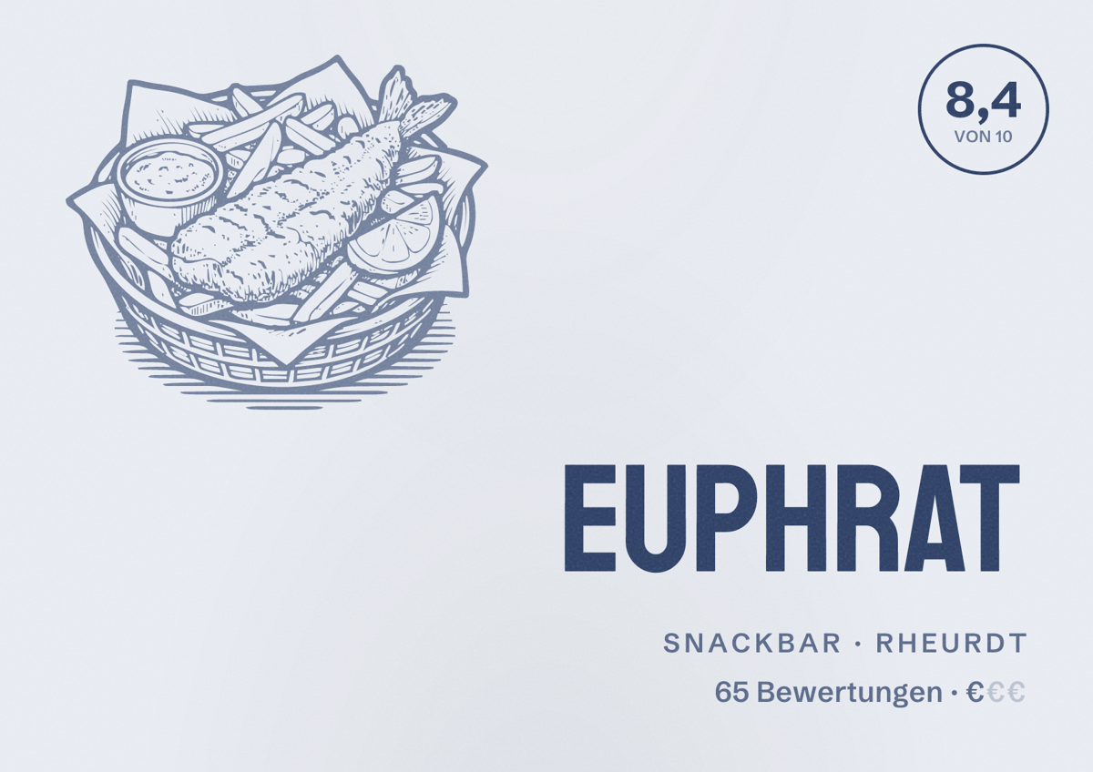 Illustriertes Poster von Euphrat, Snackbar in Rheurdt: Bewertung 8,4 von 10 aus 65 Bewertungen, Preisniveau €