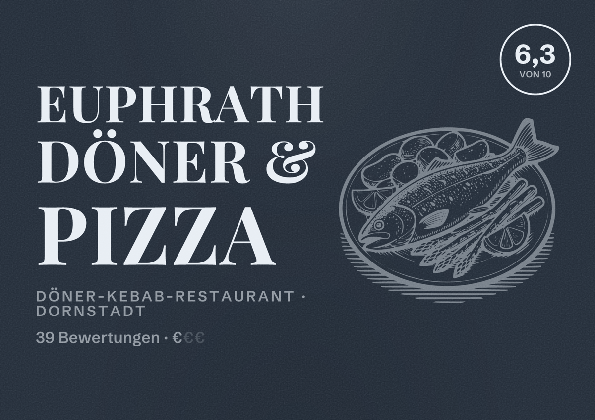 Illustriertes Poster von Euphrath Döner & Pizza, Döner-Kebab-Restaurant in Dornstadt: Bewertung 6,3 von 10 aus 39 Bewertungen, Preisniveau €