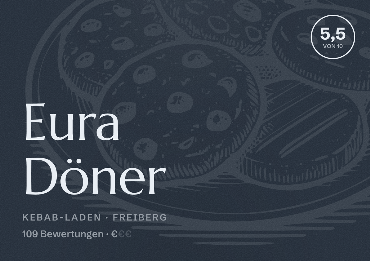 Illustriertes Poster von Eura Döner, Kebab-Laden in Freiberg: Bewertung 5,5 von 10 aus 109 Bewertungen, Preisniveau €