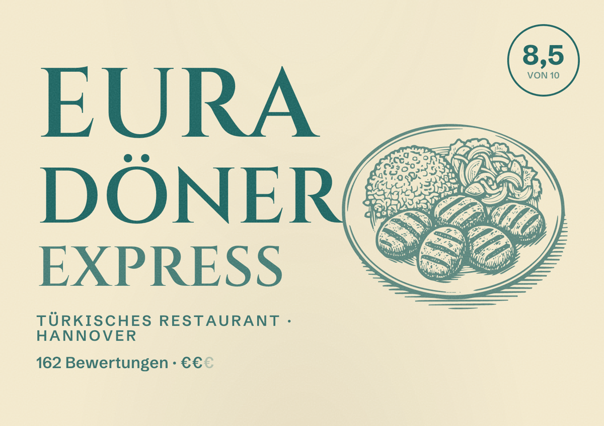 Illustriertes Poster von Eura Döner Express, Türkisches Restaurant in Hannover: Bewertung 8,5 von 10 aus 162 Bewertungen, Preisniveau €€