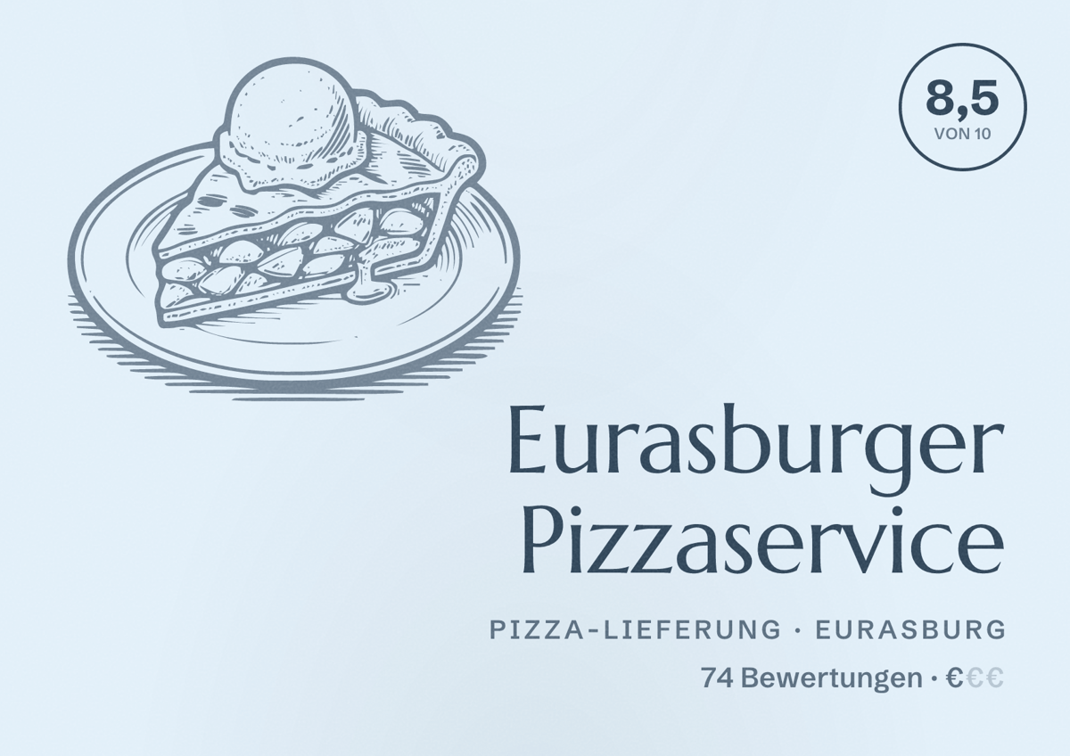 Illustriertes Poster von Eurasburger Pizzaservice, Pizza-Lieferung in Eurasburg: Bewertung 8,5 von 10 aus 74 Bewertungen, Preisniveau €