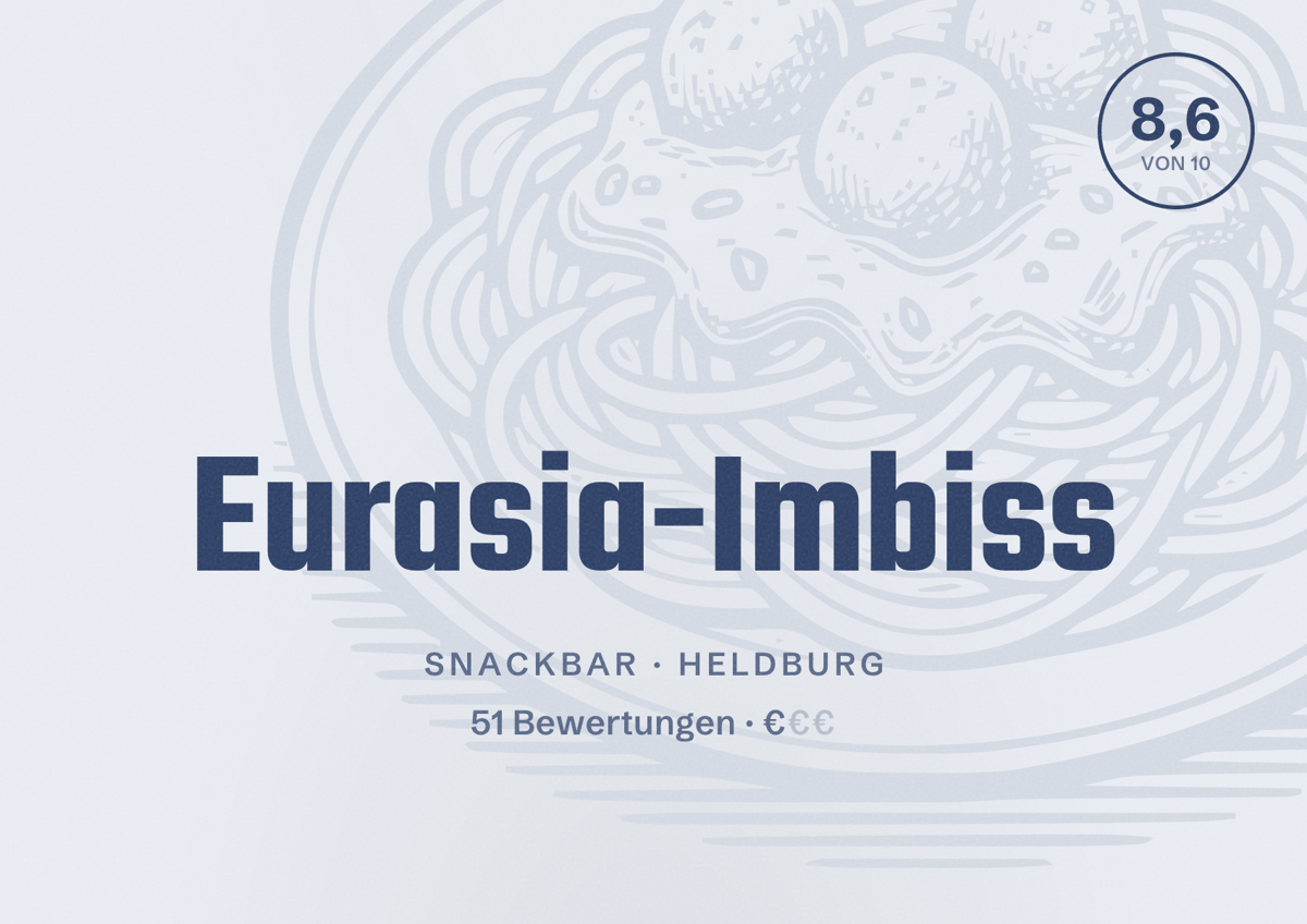 Illustriertes Poster von Eurasia-Imbiss, Snackbar in Heldburg: Bewertung 8,6 von 10 aus 51 Bewertungen, Preisniveau €