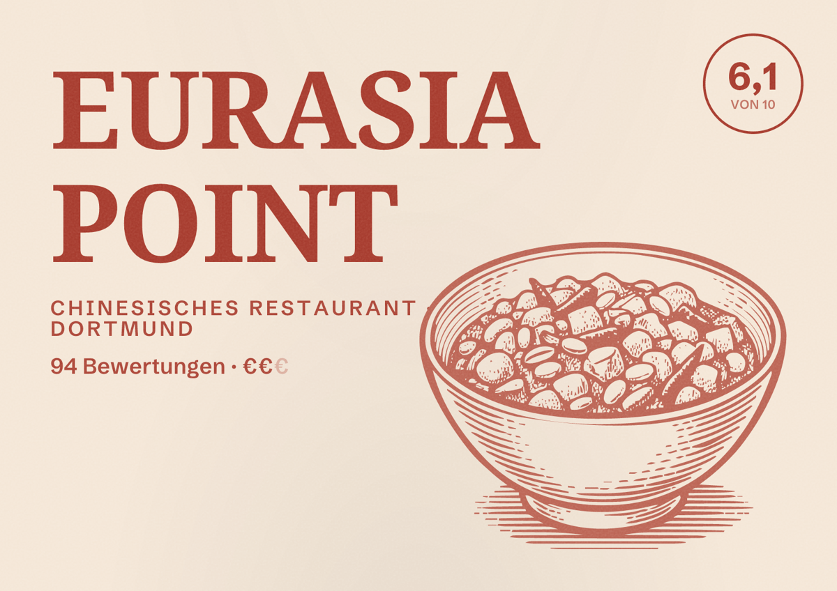 Illustriertes Poster von EURASIA POINT, Chinesisches Restaurant in Dortmund: Bewertung 6,1 von 10 aus 94 Bewertungen, Preisniveau €€