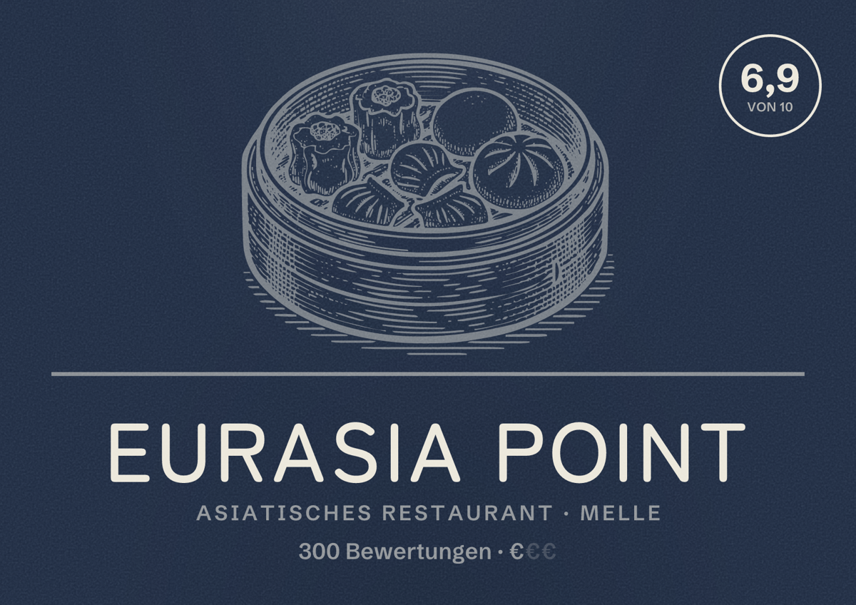 Illustriertes Poster von EurAsia Point, Asiatisches Restaurant in Melle: Bewertung 6,9 von 10 aus 300 Bewertungen, Preisniveau €
