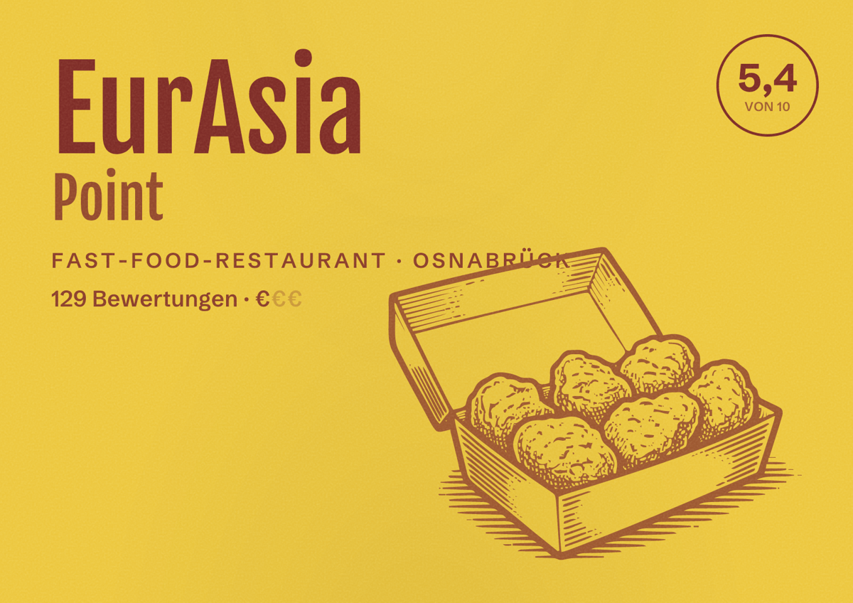 Illustriertes Poster von EurAsia Point, Fast-Food-Restaurant in Osnabrück: Bewertung 5,4 von 10 aus 129 Bewertungen, Preisniveau €