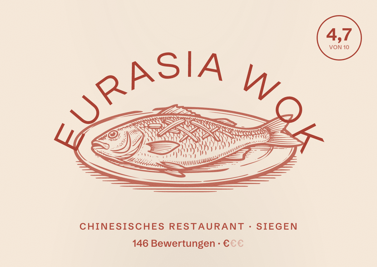 Illustriertes Poster von Eurasia Wok, Chinesisches Restaurant in Siegen: Bewertung 4,7 von 10 aus 146 Bewertungen, Preisniveau €