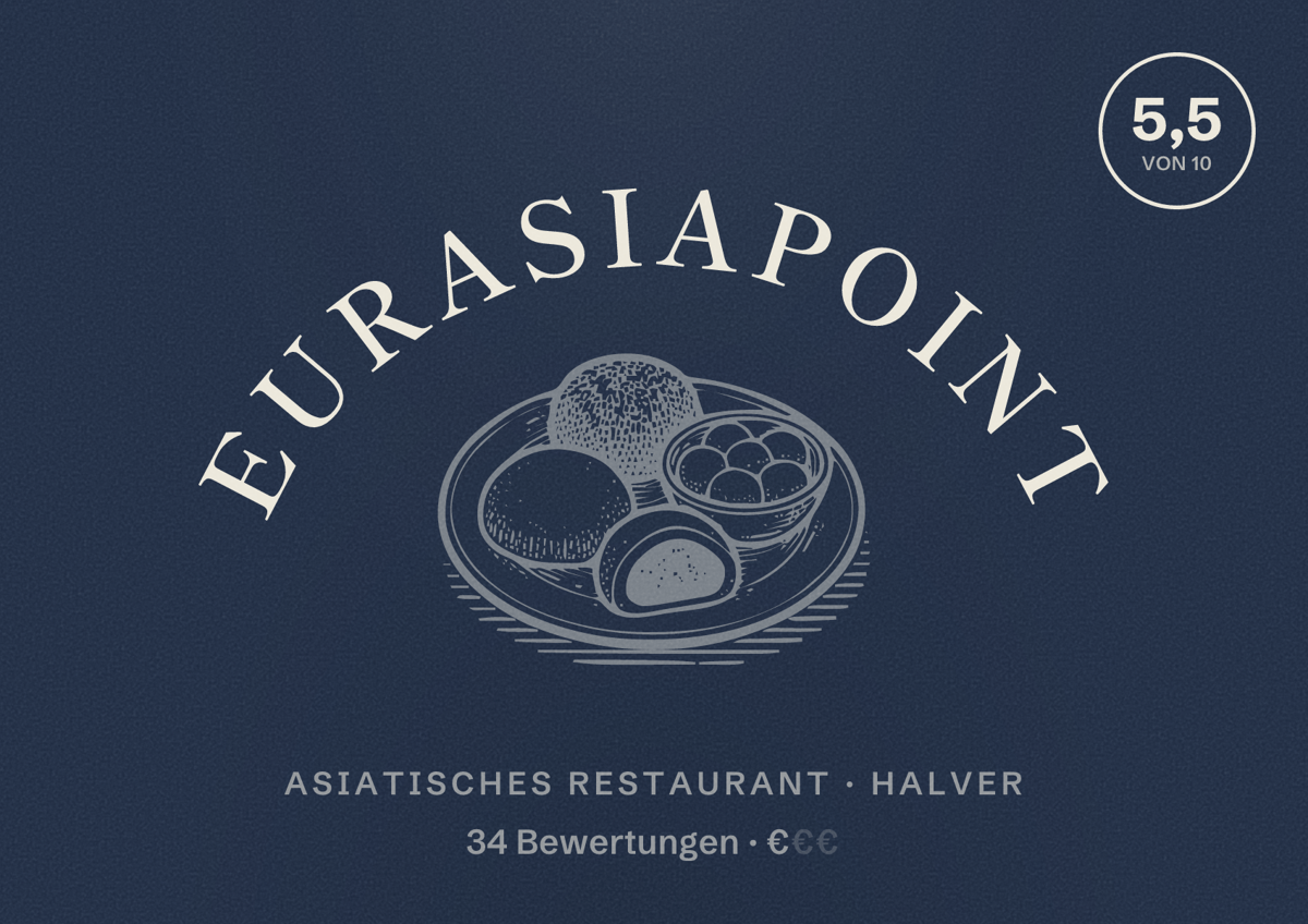 Illustriertes Poster von Eurasiapoint, Asiatisches Restaurant in Halver: Bewertung 5,5 von 10 aus 34 Bewertungen, Preisniveau €