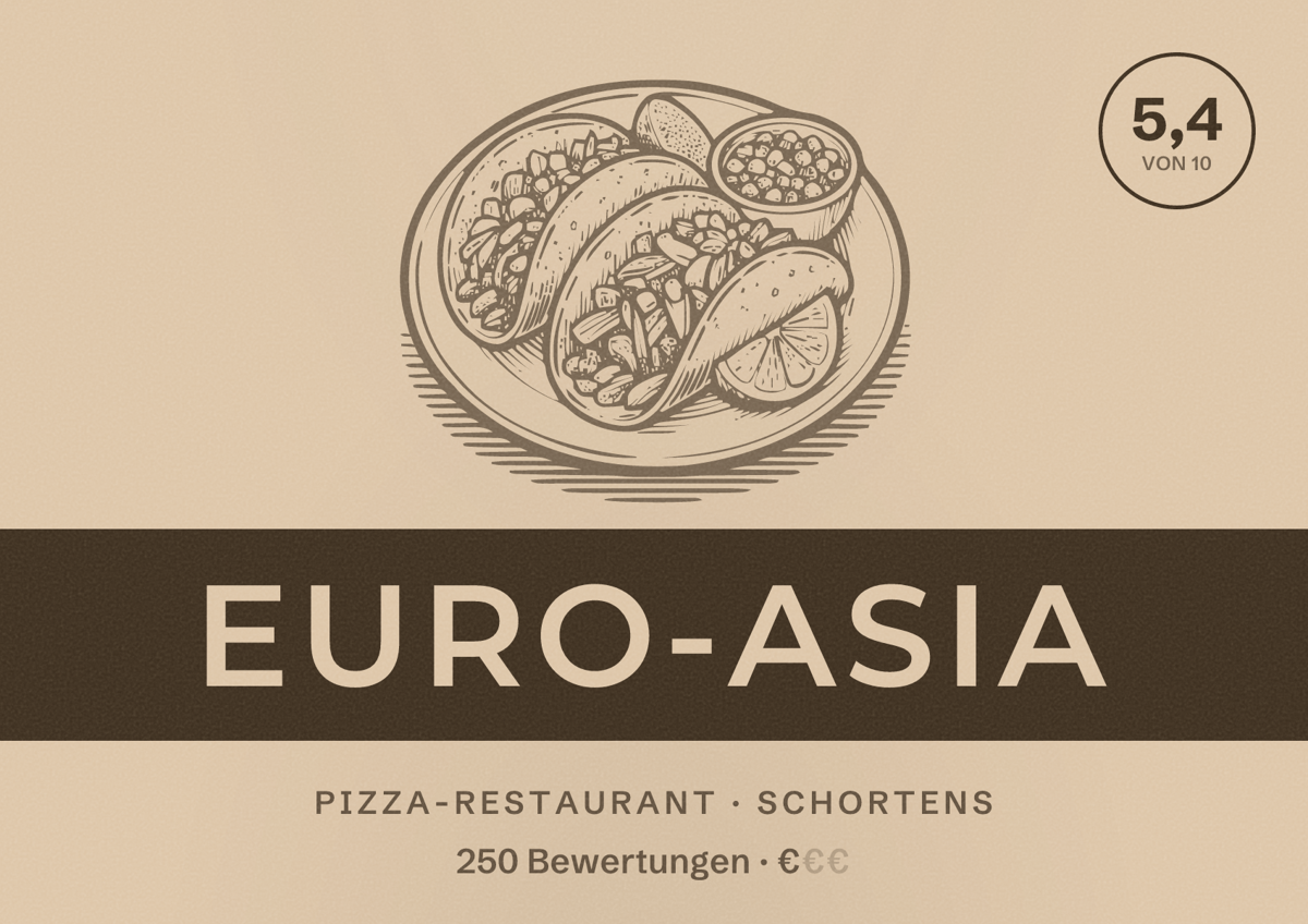 Illustriertes Poster von Euro-Asia, Pizza-Restaurant in Schortens: Bewertung 5,4 von 10 aus 250 Bewertungen, Preisniveau €