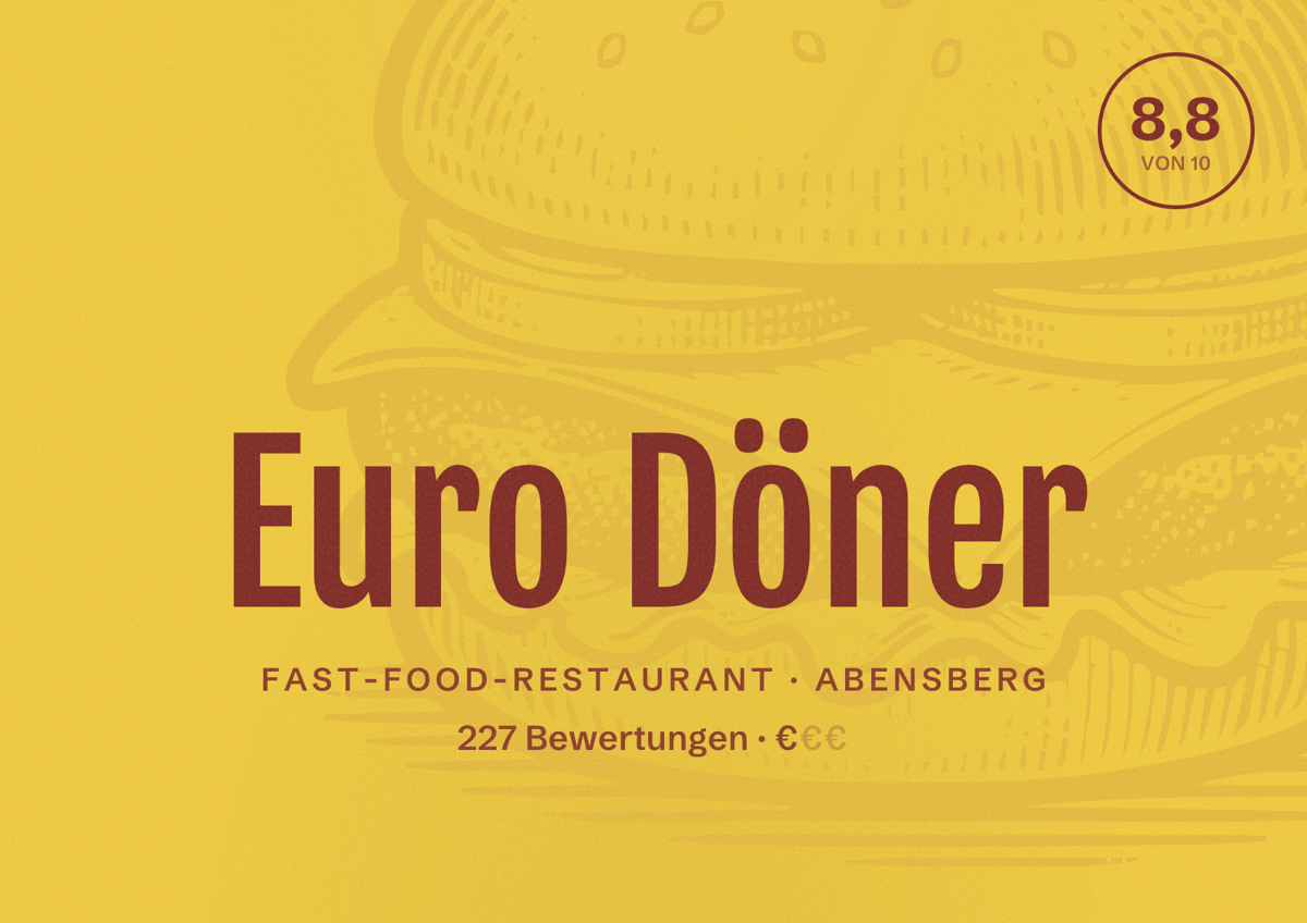Illustriertes Poster von Euro Döner, Fast-Food-Restaurant in Abensberg: Bewertung 8,8 von 10 aus 227 Bewertungen, Preisniveau €