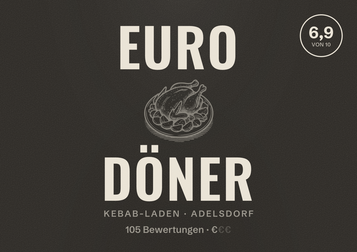 Illustriertes Poster von EURO Döner, Kebab-Laden in Adelsdorf: Bewertung 6,9 von 10 aus 105 Bewertungen, Preisniveau €